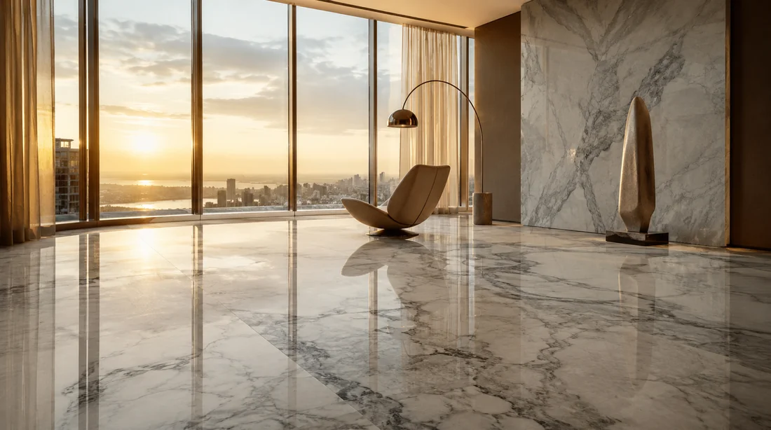 Large-Format Marble-Effect Porcelain Tiles Installed in Luxury Penthouse - Imperial Decor Export Quality