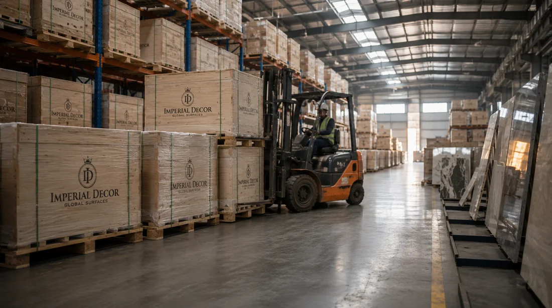 Imperial Decor Tile Warehouse Interior - Palletised Ceramic and Vitrified Tile Crates Stacked for Global Export from India